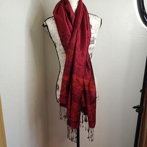 Silk Road Scarf Wrap Fringe Hem Red & Black Silk Blend